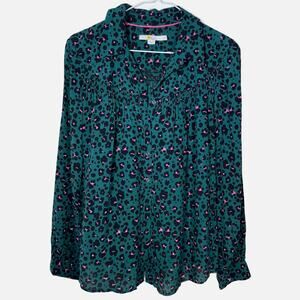 Boden Women’s Blouse Size 6 Green Leopard Animal Print Long Sleeve Top